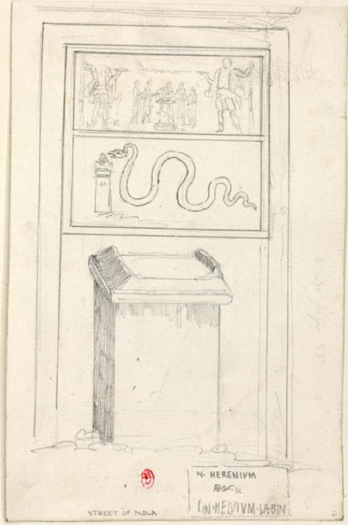 IV.4.g Pompeii. c.1819 sketch by W. Gell of street shrine and lararium found on the street of Nola, between IV.4.f and IV.4.g.
See Gell W & Gandy, J.P: Pompeii published 1819 [Dessins publis dans l'ouvrage de Sir William Gell et John P. Gandy, Pompeiana: the topography, edifices and ornaments of Pompei, 1817-1819], p. 65, 110/158.
See book in Bibliothque de l'Institut National d'Histoire de l'Art [France], collections Jacques Doucet Gell Dessins 1817-1819
Use Etalab Open Licence ou Etalab Licence Ouverte
