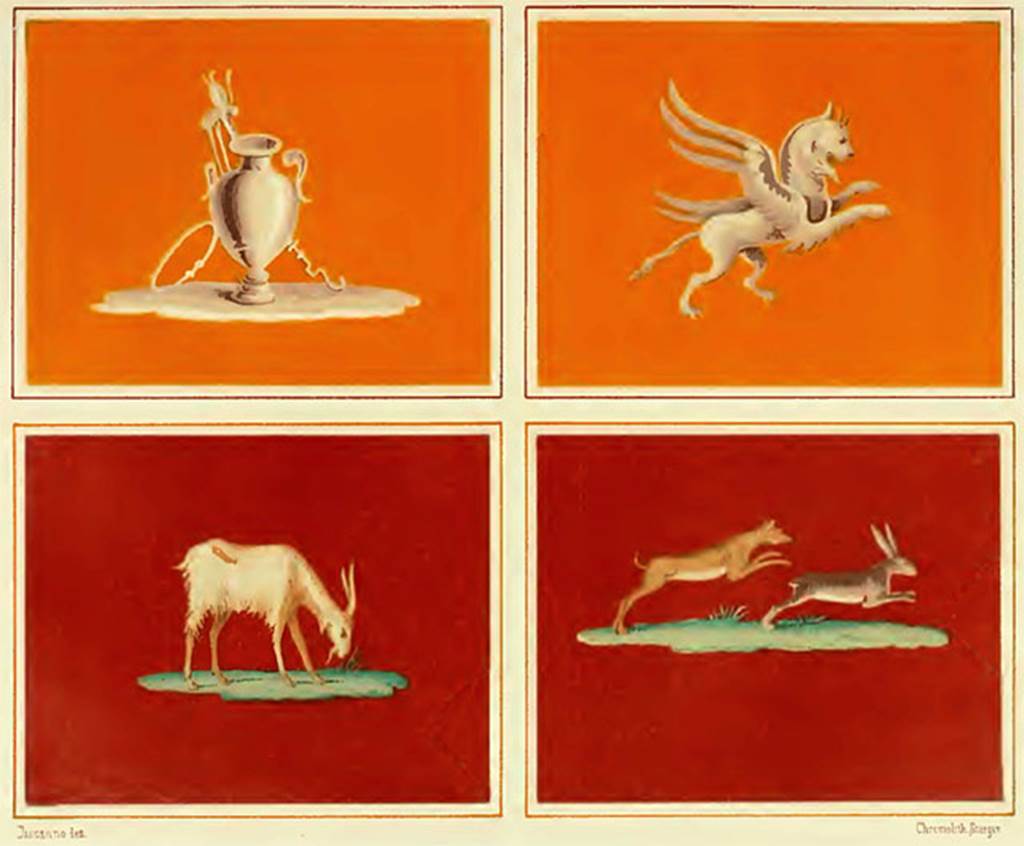 Decorative figures. Top two cubiculum “f”. Bottom two ala “e”
See Presuhn E., 1882. Pompeji: Die Neuesten Ausgrabungen  von 1874 bis 1881. Leipzig: Weigel. Abtheilung II, Taf V.
