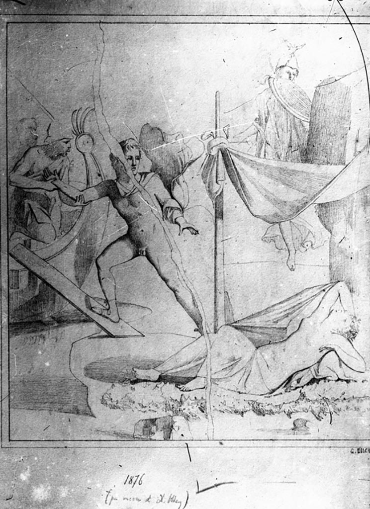 V.1.26 Pompeii. W.386. Room “o”, drawing of wall painting of Theseus abandoning Ariadne.
Photo by Tatiana Warscher. Photo © Deutsches Archäologisches Institut, Abteilung Rom, Arkiv. 
