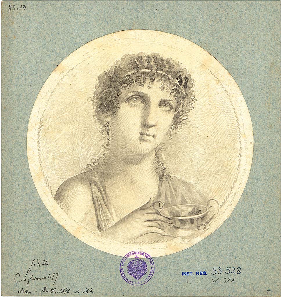 V.1.26 Pompeii. 
Room “o”, drawing of portrait medallion of a female holding a two handled cup, from east end of south wall of triclinium.
See Sogliano, A., 1879. Le pitture murali campane scoverte negli anni 1867-79. Napoli: Giannini. (p.140, no.677)
DAIR 83.19. Photo © Deutsches Archäologisches Institut, Abteilung Rom, Arkiv. 

