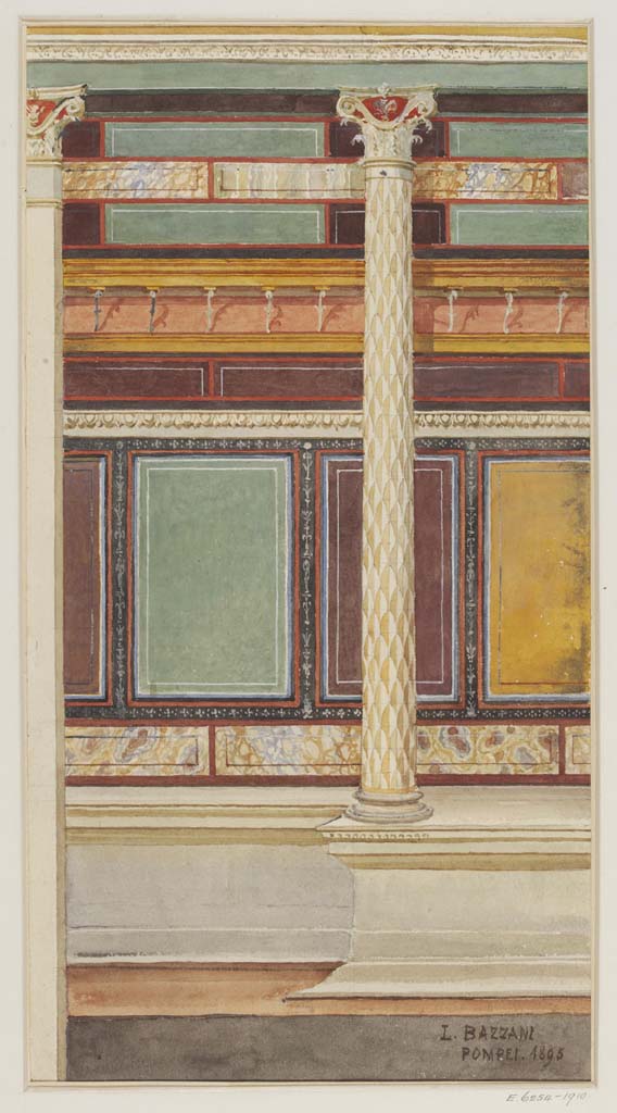 V.2.i Pompeii. 1895. Watercolour by Luigi Bazzani of architectural fresco in the cubiculum, room 18.
Photo © Victoria and Albert Museum, inventory number E.6254-1910.

