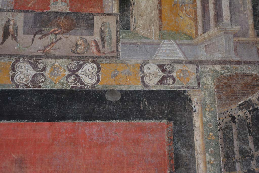 V.4.a Pompeii. March 2019. Room ‘h’, detail from upper west end of central panel on south wall.
Foto Annette Haug, ERC Grant 681269 DÉCOR.

