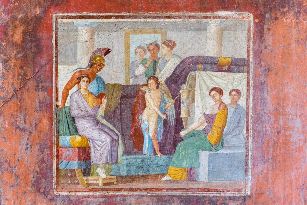 V.4.a Pompeii. January 2023. 
Centre panel of north wall of tablinum, wall painting of the wedding of Mars and Venus. Photo courtesy of Johannes Eber.

