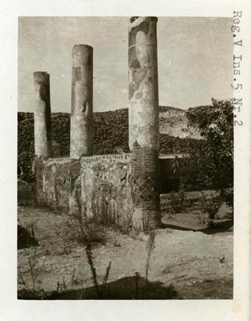 V.5.3 Pompeii, but shown as V.5.2 on photo. 1937-39. Looking towards south-west corner of peristyle. Photo courtesy of American Academy in Rome, Photographic Archive.  Warsher collection no. 1487a.
