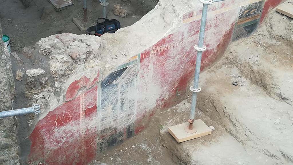 V.7.7 Pompeii. 2018. West wall of fauces with painted architectural scenes and pair of dolphins.
Photograph © Parco Archeologico di Pompei.