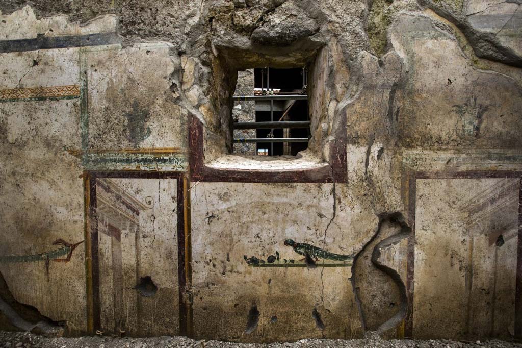 V.7.7 Pompeii. 2018. Room to the west of the entrance, south wall with window in centre looking on to Vicolo delle Nozze d’Argento.
A parrot is painted between two architectural scenes.
Photograph © Parco Archeologico di Pompei.
