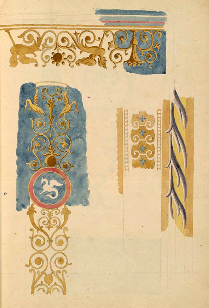 VI.1.7/25 Pompeii. Pre-1831. 
Mixed decorative elements, very similar to ones in above photo. (Also included in Via Consolare).
See Debret F. (1777-1850), Piranesi F. (1758-1810), LaBrouste H. (1801-1875). Voyage en Italie-De Naples à Paestum, pl. 128.
INHA Identifiant numérique : NUM PC 77832 (07). See book on INHA Les documents sont placés sous « Licence Ouverte / Open Licence » Etalab 

