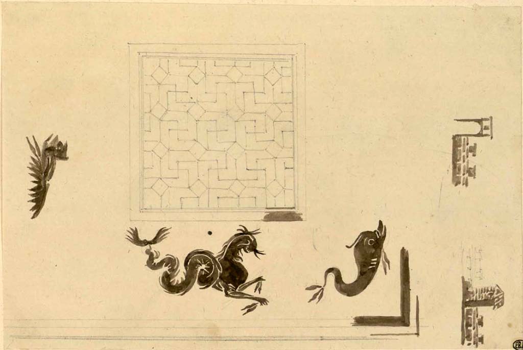VI.1.25/7 Pompeii.  Sketch of mosaic floor decoration. A mosaic showing a dolphin was also seen in the threshold of room 10.
See Debret F. (1777-1850), Piranesi F. (1758-1810), LaBrouste H. (1801-1875). Voyage en Italie-De Naples à Paestum, pl. 111.
INHA Identifiant numérique : NUM PC 77832 (07). See book on INHA Les documents sont placés sous « Licence Ouverte / Open Licence » Etalab 
