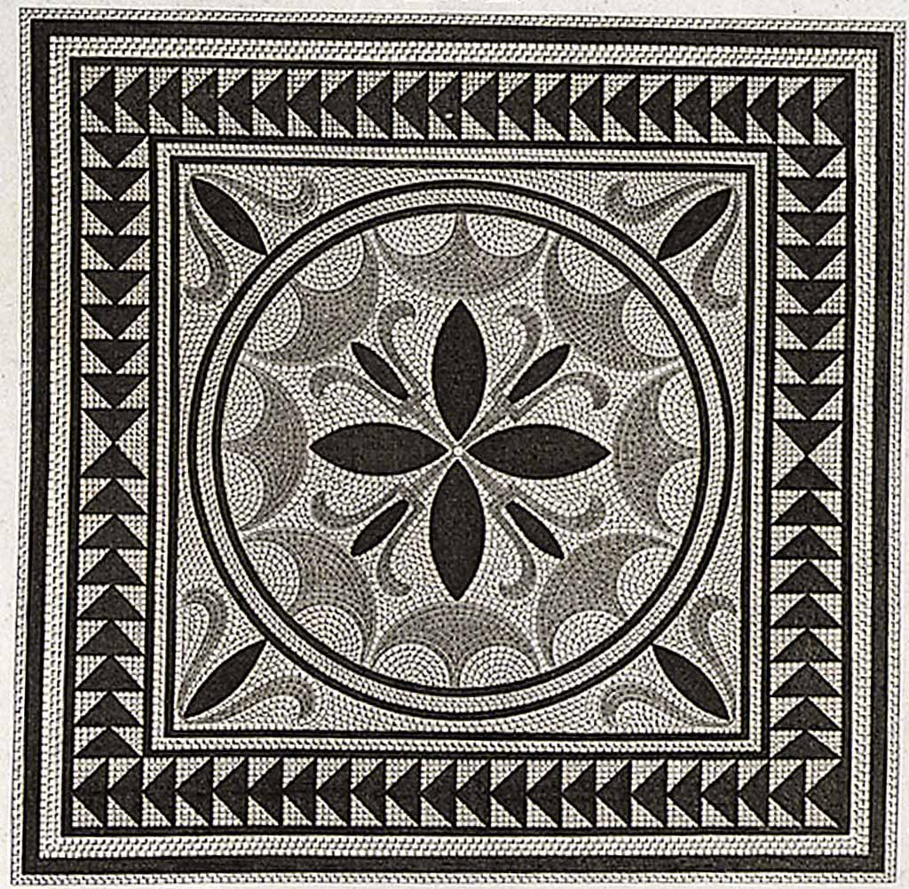 VI.2.17 or VI.2.16 Pompeii. 1824 engraving of mosaic emblema by Mazois.
According to Mazois –
this engraving represents a mosaic found in the triclinium of a house shown in Pl. XXI and XXII. (p.61).
Plates XXI and XXII are showing the Houses at VIII.2.1/3, known as the Houses of Championnet.
See Mazois, F., 1824. Les Ruines de Pompei : Second Partie. Paris: Firmin Didot, p.61, pl. XX fig II.
According to PPM –
VI.2.16 Tablinum. A small amount remains of the flooring in cocciopesto punctuated by white tesserae. 
At the centre of this room, according to Mazois, there was an emblema with a four-petalled rosette associated with four lotus buds. 
See Carratelli, G. P., 1990-2003. Pompei: Pitture e Mosaici. IV. Roma: Istituto della enciclopedia italiana, p. 209.
