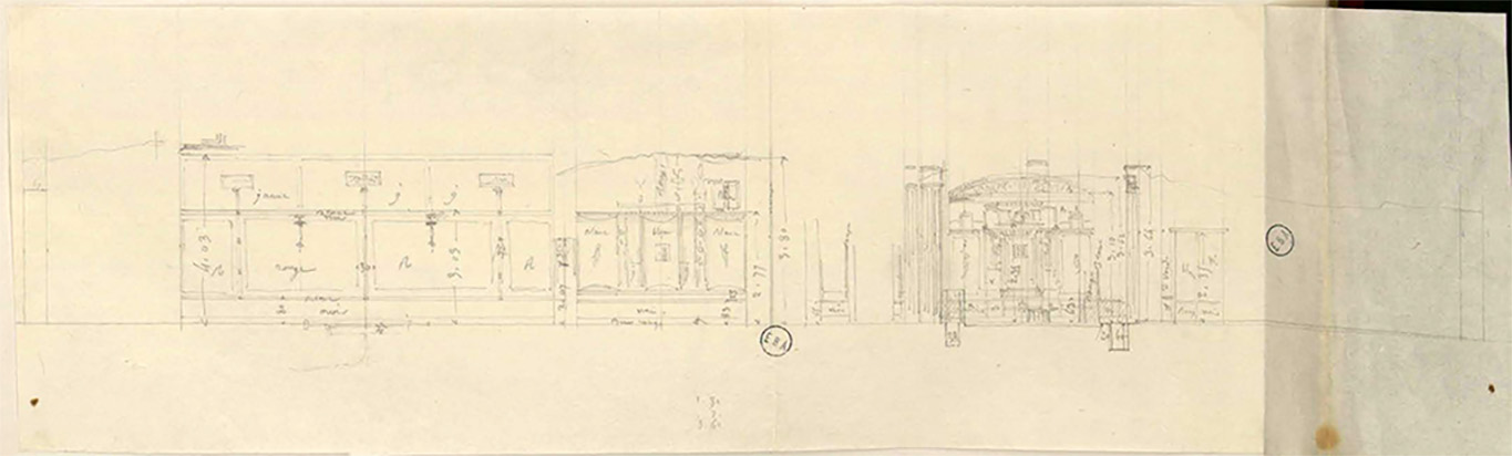 VI.2.22 Pompeii. Drawing by Jean-Baptiste Ciceron Lesueur showing the south wall of the house.
On the left would be the entrance and cubiculum, followed by detailed walls of the atrium, tablinum, east portico and peristyle, on right.
See Lesueur, Jean-Baptiste Ciceron. Voyage en Italie de Jean-Baptiste Ciceron Lesueur (1794-1883), pl. 11.
See Book on INHA reference INHA NUM PC 15469 (04)  « Licence Ouverte / Open Licence » Etalab

