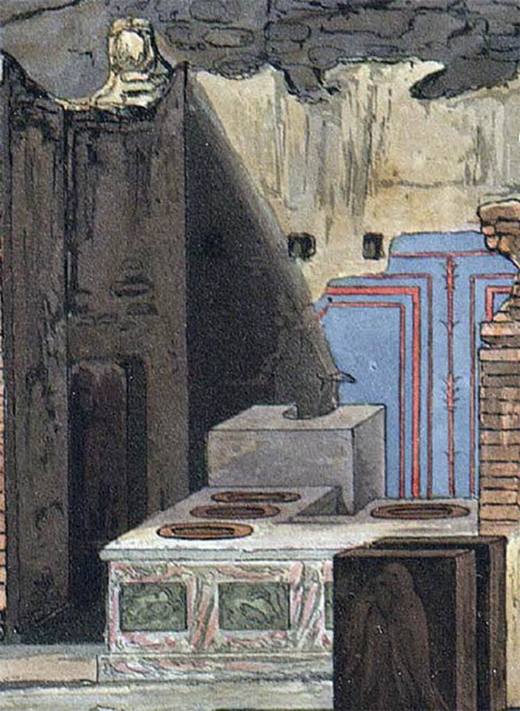 VI.3.20 Pompeii. 1819 painting, detail of bar counter, hearth and rear wall.
See Cooke, Cockburn and Donaldson, 1827. Pompeii Illustrated: Vol. II. London: Cooke, p. 32. According to Dyer:
At the angle of two streets, just behind the fountain, was a small shop, called by some a thermopolium, or shop for the sale of hot drinks.
The walls were gaudily painted in blue panels with red borders, and towards the street was a counter cased with marble.
The stains left on these counters, apparently by wet drinking-glasses, have led to the identification, or supposed identification, of several such shops.
See Dyer, T., 1867. The Ruins of Pompeii. London: Bell and Daldy.  (p.49)

