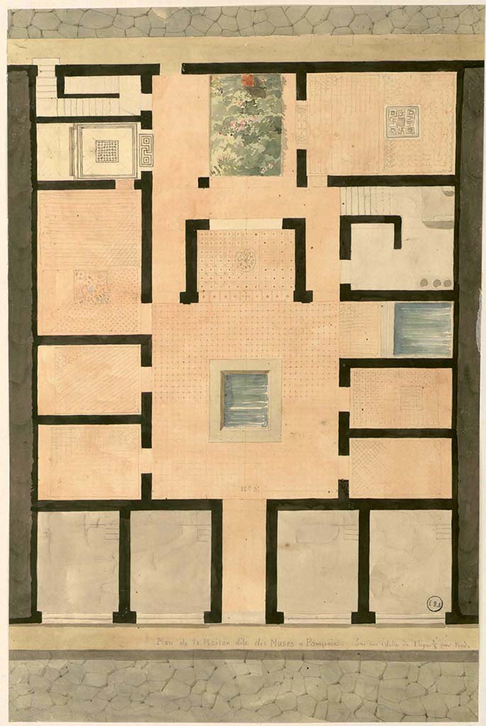 VI.3.25 Pompeii. Plan of House, with rear entrance doorway, left of centre, at the top.
The main entrance doorway at VI.3.7 is in the lower centre.
See Lesueur, Jean-Baptiste Ciceron. Voyage en Italie de Jean-Baptiste Ciceron Lesueur (1794-1883), pl. 4.
See Book on INHA reference INHA NUM PC 15469 (04)   Licence Ouverte / Open Licence  Etalab
