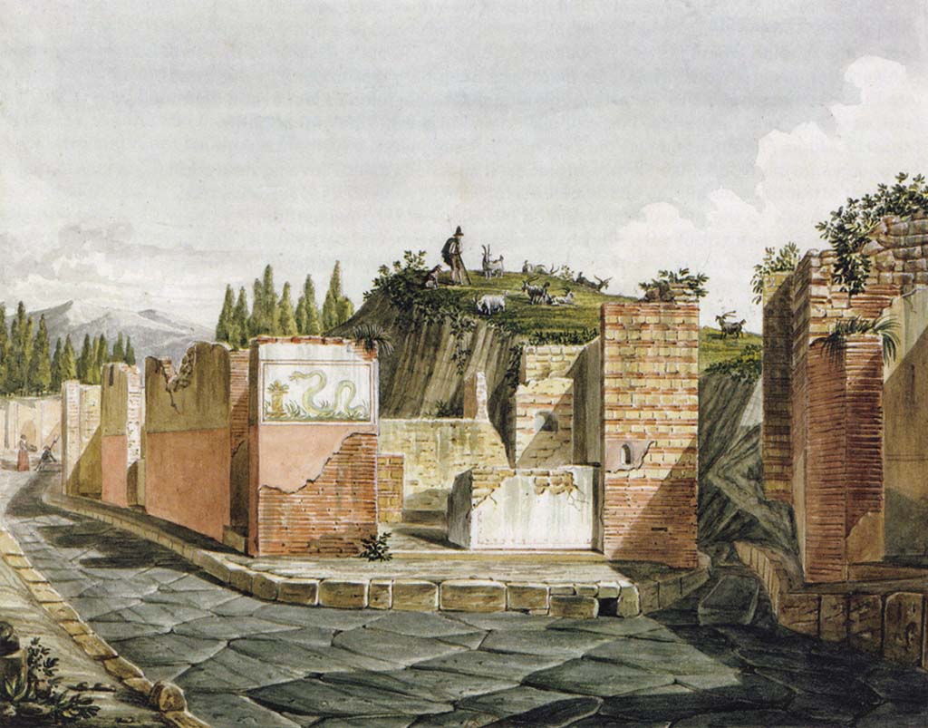 VI.4.1 Pompeii. 1824 painting showing faade, street shrine and snake painting. 
Foto Taylor Lauritsen, ERC Grant 681269 DCOR.
See Mazois, F., 1824. Les Ruines de Pompei : Second Partie. Paris : Firmin Didot. (Pla. 6, fig. 2).
