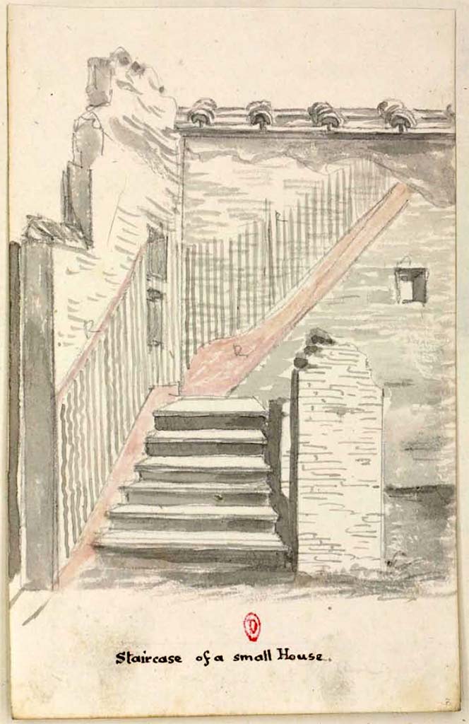 VI.5.11 Pompeii. Between 1819 and 1832. Sketch by W. Gell showing a Staircase of a small house. 
This may or may not be the correct location, but if so, it would show the stairs in the north-west corner of the kitchen area, before a wall collapsed and was re-built differently, (see above).
See Gell, W. Pompeii unpublished [Dessins de l'dition de 1832 donnant le rsultat des fouilles post 1819 (?)] vol II, pl. 77.
Bibliothque de l'Institut National d'Histoire de l'Art, collections Jacques Doucet, Identifiant numrique Num MS180 (2).
See book in INHA Use Etalab Licence Ouverte
