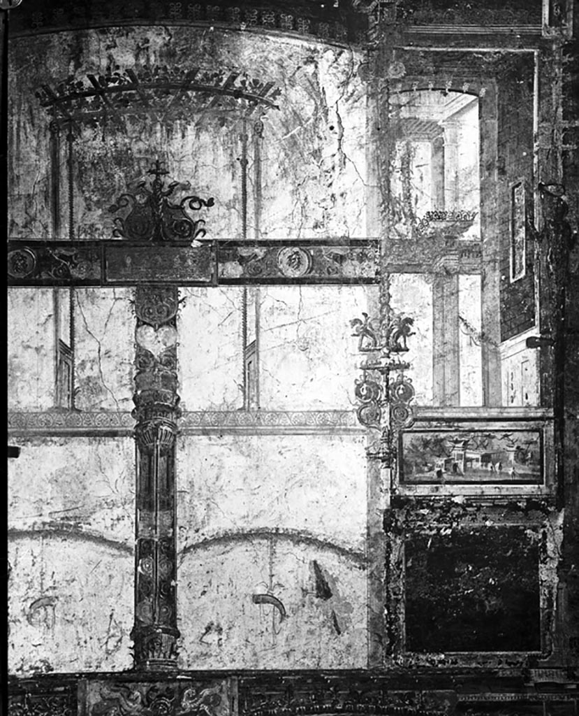 VI.7.23 Pompeii. W.52. Drawing of upper central part, at west end of south wall of tablinum.
Photo by Tatiana Warscher. Photo © Deutsches Archäologisches Institut, Abteilung Rom, Arkiv.
