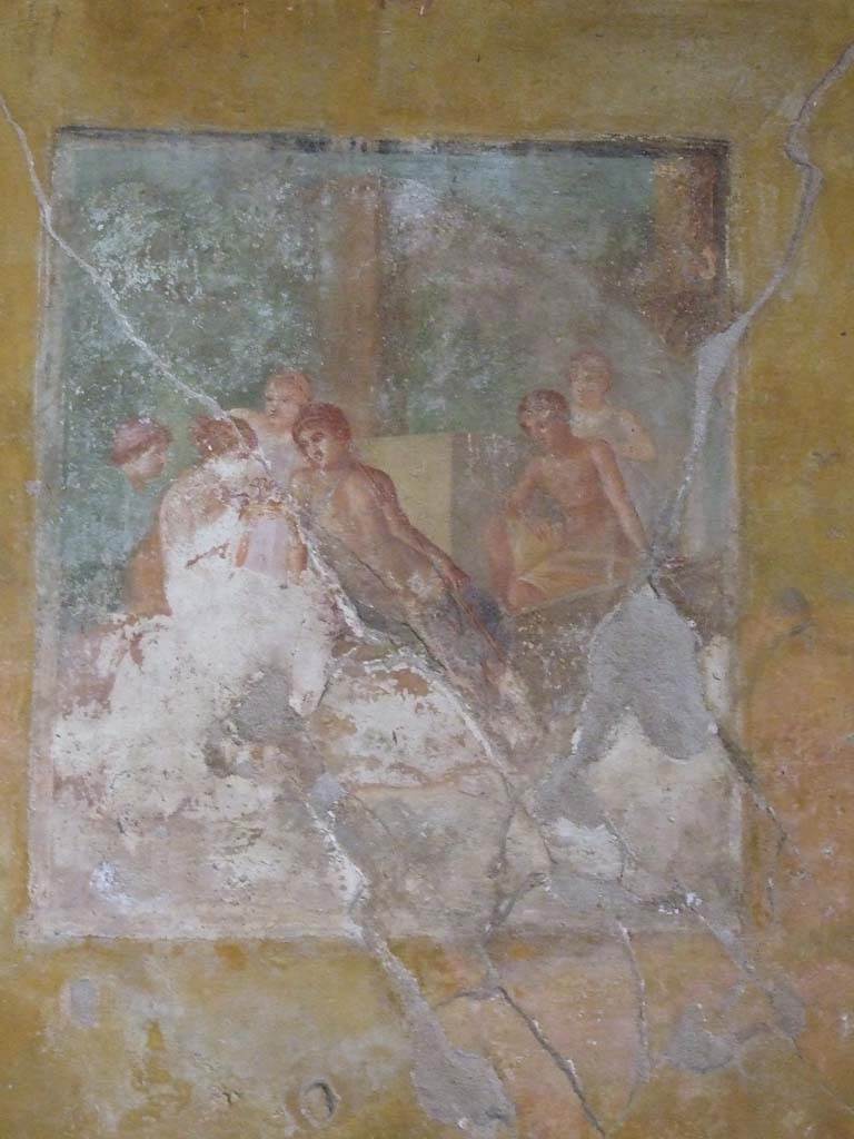 VI.8.3/5 Pompeii. March 2009. Room 12, north wall of dining room. 
Venus giving some Cupids to Adonis. 
     See Pagano, N., 1881. Guida di Pompei Illustrata. Pompei: Scafati. (p.82).
A young couple looking at a nest of Cupids. 
     See Mau, A., 1907, translated by Kelsey F. W. Pompeii: Its Life and Art. New York: Macmillan. (p.315). 
     See Helbig, W., 1868. Wandgemälde der vom Vesuv verschütteten Städte Campaniens. Leipzig: Breitkopf und Härtel. (821, p.163).
The sale of cherubs. 
     See Nappo, S., 1998. Pompeii: Guide to the lost City. London: Weidenfield and Nicolson. (p.145).
Leda and Tyndareus with their children (Castor, Pollux and Helen) in a nest.
     See Gell, W, 1837. Pompeiana. London: Lewis A. Lewis. (T. XLVIII).
