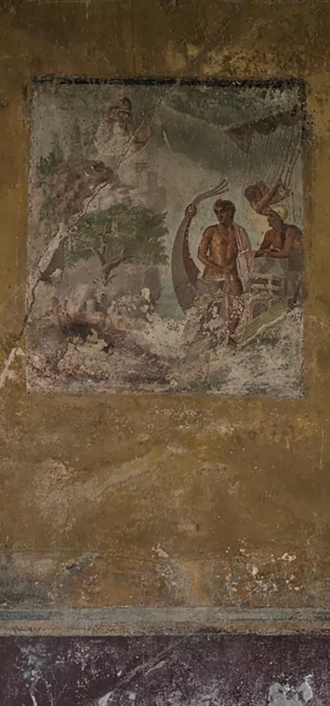 VI.8.3/5 Pompeii. December 2023.
Room 12, central painting from east wall of dining room.
Photo courtesy of Miriam Colomer.
