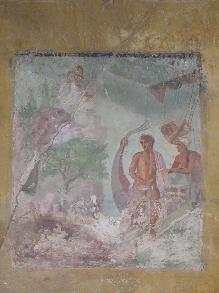 VI.8.3/5 Pompeii. March 2009. Room 12, east wall of dining room.
Mau identifies this as Theseus going on board ship leaving behind the beautiful Ariadne. 
See Mau, A., 1907, translated by Kelsey F. W. Pompeii: Its Life and Art. New York: Macmillan. (p.315).
Helbig also identifies Athena, dressed in white, floating above the cliff watching what happens. 
See Helbig, W., 1868. Wandgemälde der vom Vesuv verschütteten Städte Campaniens. Leipzig: Breitkopf und Härtel. (1218, p.255).
