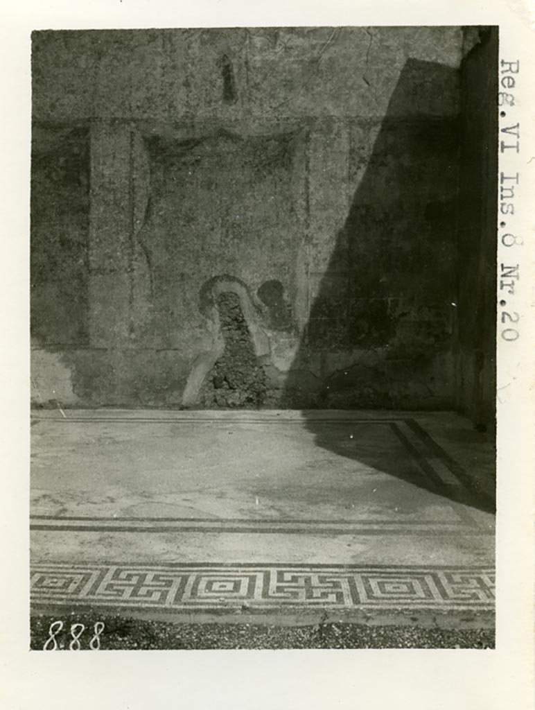VI.8.20 Pompeii. Pre-1937-39. 
Room 6, looking across mosaic floor towards east wall, where the outline of painted decoration can still be seen.
Photo courtesy of American Academy in Rome, Photographic Archive. Warsher collection no. 888.


