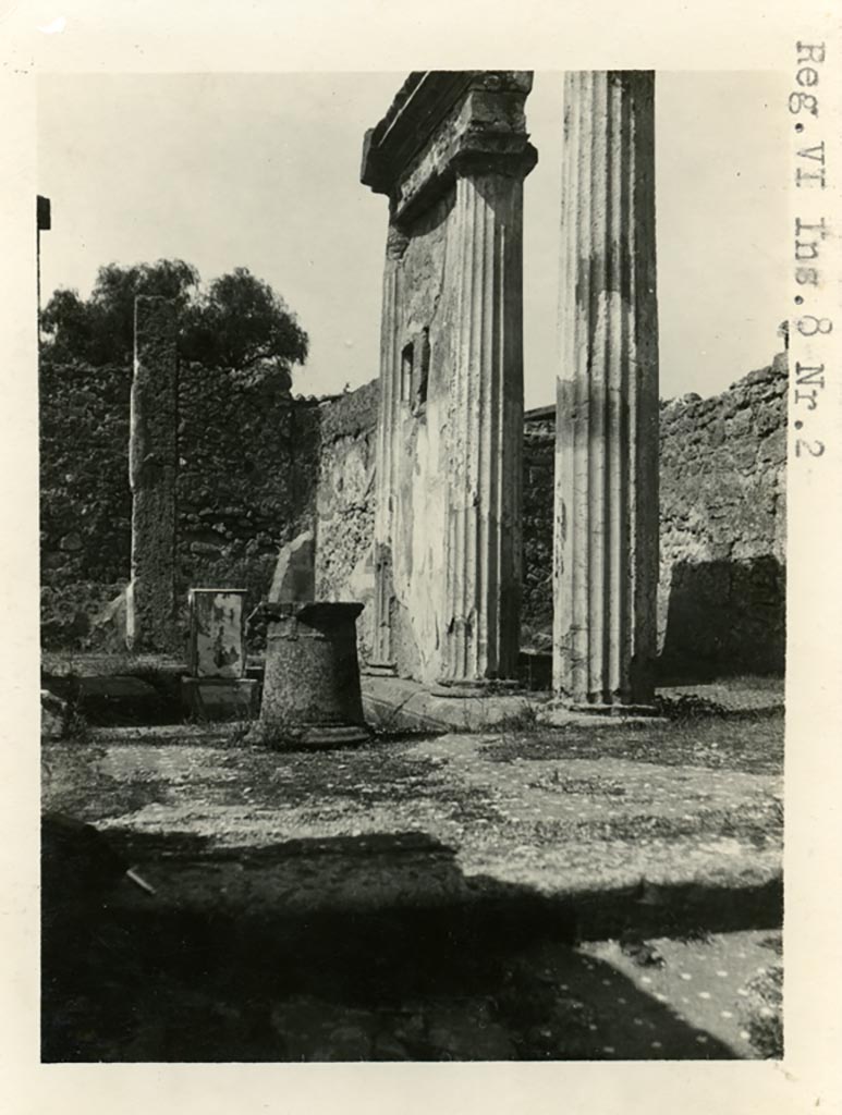 VI.8.21 Pompeii but shown as VI.8.2 on photo. Pre-1937-39. 
Looking west across impluvium in atrium, with puteal in place.
Photo courtesy of American Academy in Rome, Photographic Archive. Warsher collection no. 1414.
