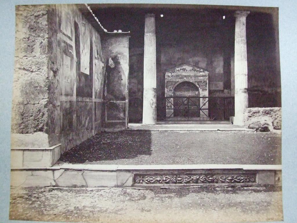 VI.8.23 Pompeii. Looking west in tablinum with panelled step and aedicula fountain in peristyle.
Old undated photograph courtesy of the Society of Antiquaries, Fox Collection.
