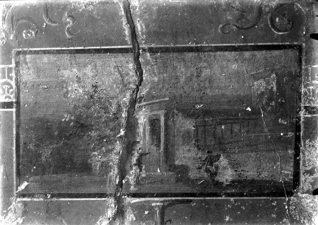 VI.8.23 Pompeii. W.1398.  Painted sacred landscape from panel in dado at centre of west wall.
Photo by Tatiana Warscher. Photo © Deutsches Archäologisches Institut, Abteilung Rom, Arkiv. 
