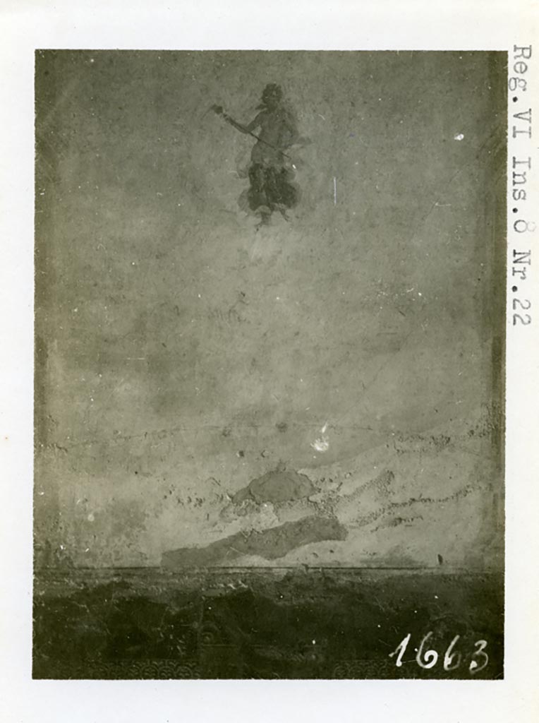 VI.8.23 Pompeii but shown as VI.8.22 on photo. Pre-1937-39. 
Painted flying figure from centre of east wall of north ala.
Photo courtesy of American Academy in Rome, Photographic Archive. Warsher collection no. 1663. 
