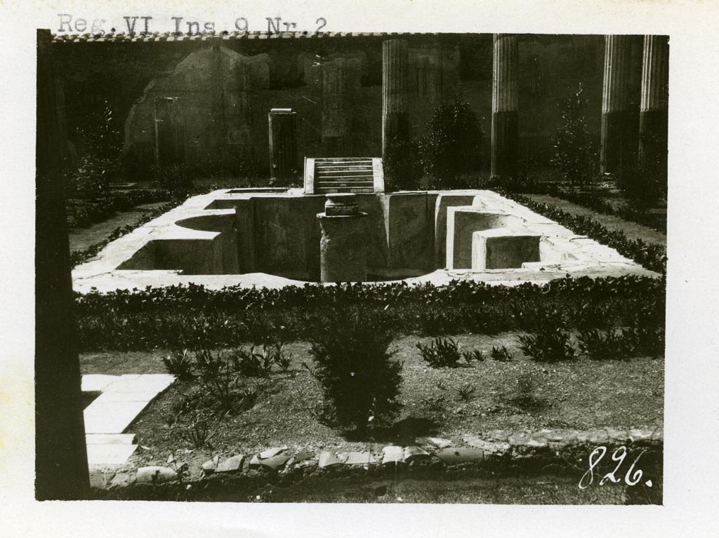 VI.9.2 Pompeii. Pre-1937-39. Peristyle garden 17, looking west across pool 18 and fountain 19.
Photo courtesy of American Academy in Rome, Photographic Archive.  Warsher collection no. 826.

