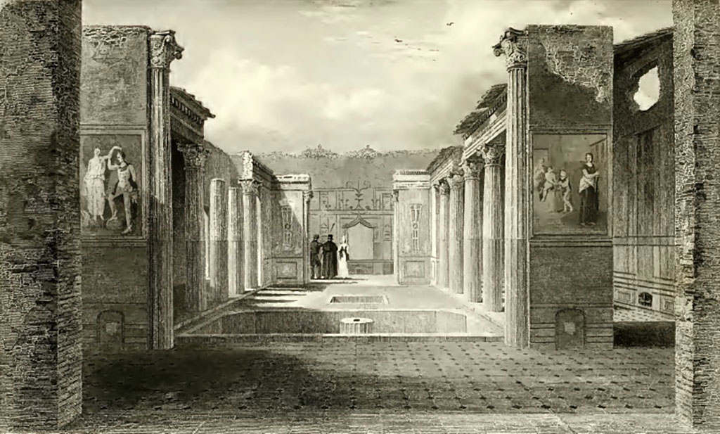 VI.9.6 Pompeii. About 1832. Drawing by Gell of peristyle with large basin and fountain. Looking west from room 22.
On the pilaster on the left is a painting of Perseus rescuing Andromeda.
Now in Naples Archaeological Museum. Inventory number 8998.
On the pilaster on the right is the painting of Medea with her children.
Now in Naples Archaeological Museum. Inventory number 8977.
On the inside of the pilasters at the far west end are two paintings of the slaughter of the sons and daughters of Niobe.
Wall painting of slaughter of the daughters of Niobe.
Now in Naples Archaeological Museum. Inventory number 9304.
Wall painting of slaughter of sons of Niobe.
Now in Naples Archaeological Museum. Inventory number 9302.
