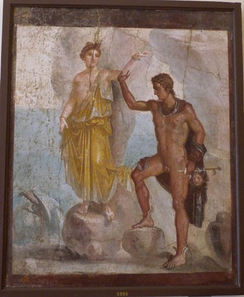 VI.9.6 Pompeii. Found 18th June 1828 in room 6, east end of peristyle, with two pilasters. Wall painting of Perseus rescuing Andromeda. Two large panel paintings, Perseus rescuing Andromeda and Medea with her children, occupied the end pilasters directly opposite room 22. Now in Naples Archaeological Museum. Inventory number 8998. See Helbig, W., 1868. Wandgemälde der vom Vesuv verschütteten Städte Campaniens. Leipzig: Breitkopf und Härtel. (1186).

