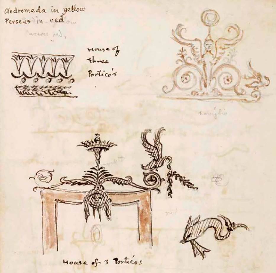 VI.9.6 Pompeii. c.1830. Assorted decoration as drawn by Gell.
The lower drawing may have been from the zoccolo of the east wall under the window of our Room 21. (See VI.9.6, east, pt.5).
See Gell, W. Sketchbook of Pompeii, c.1830. 
See book from Van Der Poel Campanian Collection on Getty website http://hdl.handle.net/10020/2002m16b425