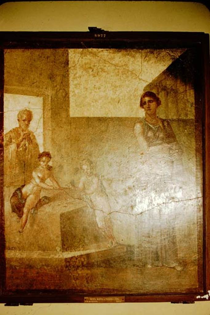 VI.9.6 Pompeii. 1957. Found 18th June 1828 in room 6, on the north pilaster at the east end of peristyle.  Wall painting of Medea contemplating killing her children who are playing nearby. Now in Naples Archaeological Museum. Inventory number 8977.
Photo by Stanley A. Jashemski.
Source: The Wilhelmina and Stanley A. Jashemski archive in the University of Maryland Library, Special Collections (See collection page) and made available under the Creative Commons Attribution-Non Commercial License v.4. See Licence and use details. J57f0504
