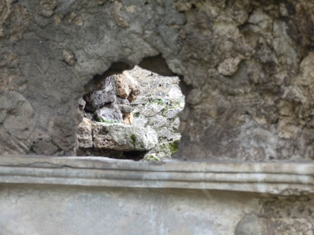 VI.10.7 Pompeii.  March 2009.  Room 15.  Garden area.  South side.  Apsed niche at east end.  Hole in centre of rear wall