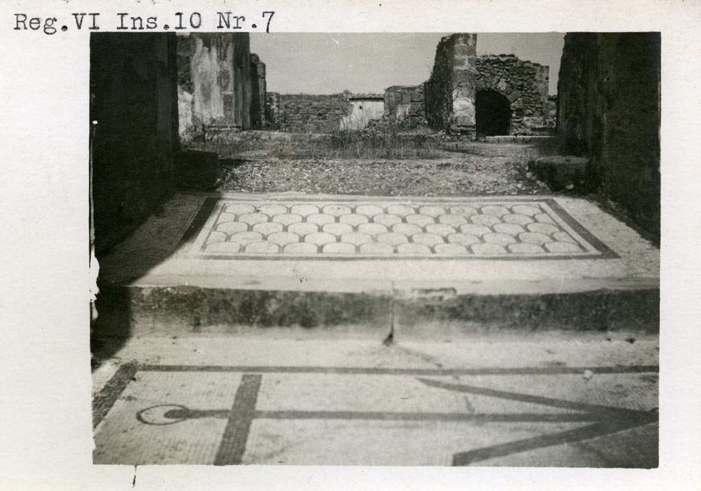 VI.10.7 Pompeii. Pre-1937-39. Looking east across entrance mosaic into atrium, from entrance doorway. 
Photo courtesy of American Academy in Rome, Photographic Archive. Warsher collection no. 892a.
