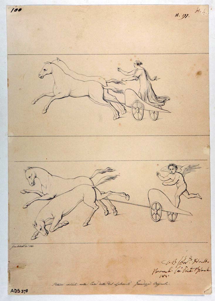VI.11.10 Pompeii. 
Drawing by Giuseppe Abbate, 1841, of a frieze showing a chariot driven by a Vittoria and by a Cupid, from exedra 40.
Now in Naples Archaeological Museum. Inventory number ADS 378.
Photo  ICCD. https://www.catalogo.beniculturali.it
Utilizzabili alle condizioni della licenza Attribuzione - Non commerciale - Condividi allo stesso modo 2.5 Italia (CC BY-NC-SA 2.5 IT)
