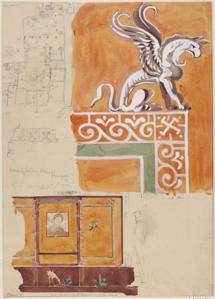 VI.14.20 Pompeii. Undated (c.1870s). Sketch/drawing by Sydney Vacher from south wall, described as Room X.
(Note: the detail of the griffin (top right) is from the top corner of the right-hand side panel of the wall in the lower painting).
The cornice sketch matches that shown in our photos.
Photo  Victoria and Albert Museum, inventory number E.4379-1910. 
 
