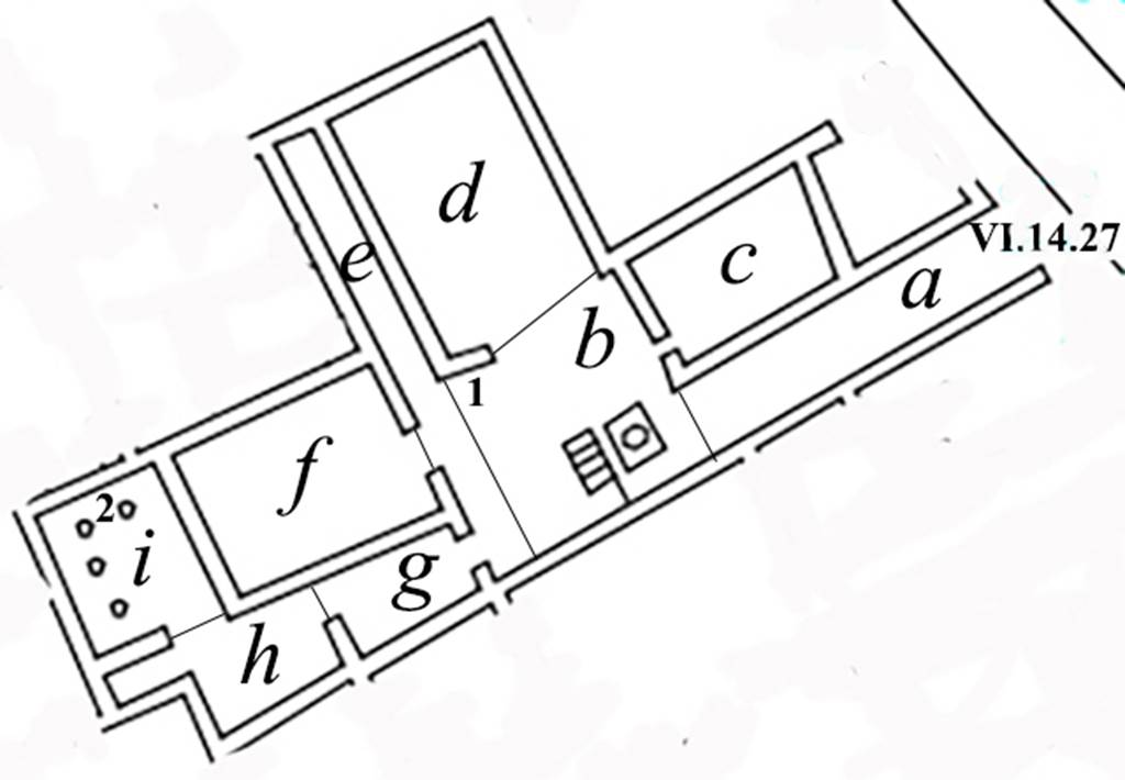 VI.14.27 Pompeii. Plan of house showing location of some of the finds.
In room b, at no. 1, was found 
The statue of Venus Anadyomene. Now in Naples Archaeological Museum. Inventory number 110602.
In room i, at no. 2, were found
A marble bust of Epicurus. Now in Naples Archaeological Museum. Inventory number 110872.
A marble bust of bearded Pseudo-Seneca. Now in Naples Archaeological Museum. Inventory number 110873. 
A marble herm of Dionysus. Now in Naples Archaeological Museum. Inventory number 110874. 
A marble herm of a Dionysian female. Now in Naples Archaeological Museum. Inventory number 110875.
See Carrella A. et al. Marmo Pompeiana nel Museo Archeologico Nazionale di Napoli. SAP 26: 2008. Roma: LErma di Bretschneider, pp. 92-95.

According to Boyce, in the south wall of the small in the south-west corner, room h (kitchen?), was a tall rectangular niche.
Its floor projected far beyond the surface of the wall.
Boyce added the note that in the small atrium b the following statuettes were found 
5 in bronze, of Isis, Anubis, an old seated man, and the two Lares.
1 in marble, of Venus Anadyomene, adorned with necklace and bracelets of gold.
1 in silver, of Harpocrates leaning upon a tree trunk, with a small dog on either side of him. Inventory number 110626?
1 of terracotta, of a goddess reclining on a couch.
At least the first five of these figures are thought to have been contained in a wooden chest, the lock of which was found by excavators.
Also found were a mirror, coins and small bronze objects.
See Boyce G. K., 1937. Corpus of the Lararia of Pompeii. Rome: MAAR 14. (p. 53, no. 202)  
See Giornale di Scavi, N.S. 3, 1875, p. 172.


 
