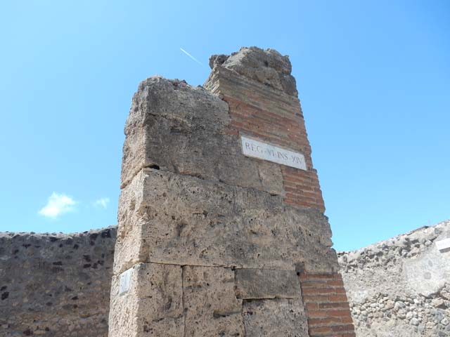 VI.14.31 Pompeii. May 2010. Looking south towards middle of Via Stabiana (Via del Vesuvio) with the north east corner of VI.14 on the right. Near here the cast of the woman with her tunic raised above her head was made.