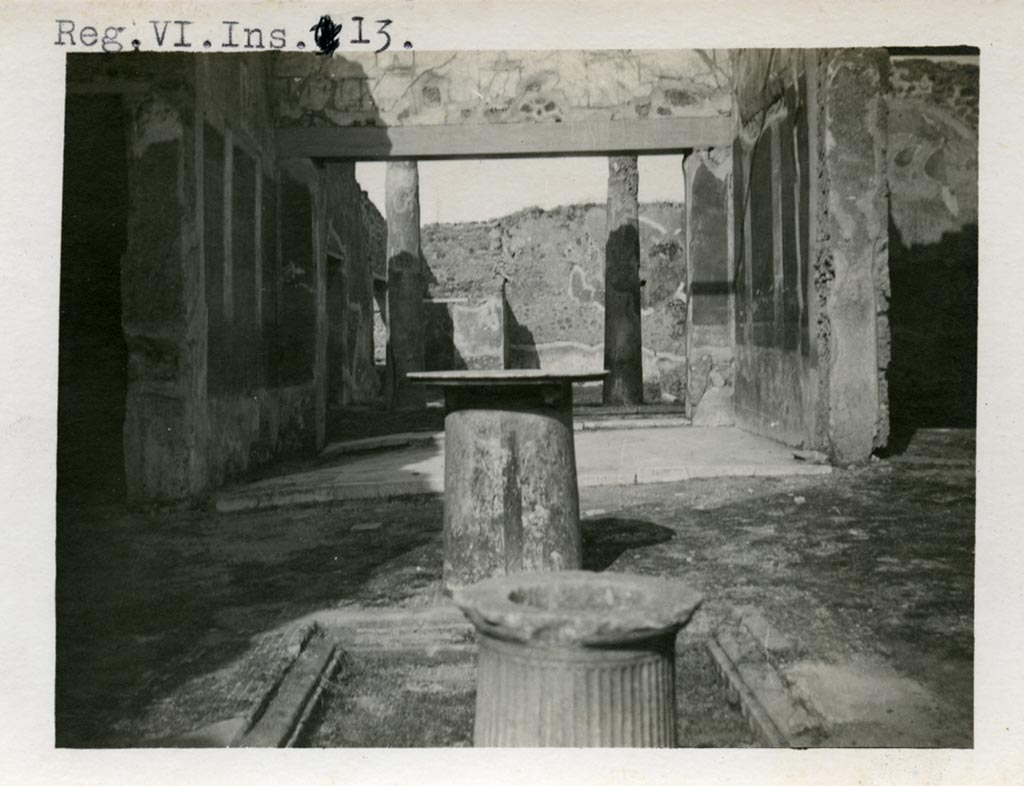 VI.14.40 Pompeii but numbered as VI.13. Pre-1937-39. Looking east across impluvium in atrium towards tablinum. 
Photo courtesy of American Academy in Rome, Photographic Archive. Warsher collection no. 435.
