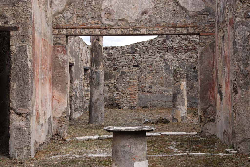 VI.14.40 Pompeii. October 2020. Looking east towards tablinum and peristyle. Photo courtesy of Klaus Heese.  
According to Kuivalainen – 
In the tablinum “The zoccolo/dado was black with floral motifs, the central zone was red with panels divided with bands, and between the fields were candelabra with twining plants. The upper zone had a white background.
On the upper north wall, but nearly destroyed, was a painted youth (a young, almost naked Bacchus) …… On the other walls Apollo and Ceres were painted.”
Description: A youth standing with his weight on his left foot, wearing yellow boots, a red cloak covering his back and forearms; a band from the right shoulder goes to the left hip. On his head is a vine wreath. In his right hand he holds a cantharus, in his left a thyrsus.
Comments: Young almost naked Bacchus. The band is rare, the boots or high footwear are more common.
See Kuivalainen, I., 2021. The Portrayal of Pompeian Bacchus. Commentationes Humanarum Litterarum 140. Helsinki: Finnish Society of Sciences and Letters, p.97, B5.

