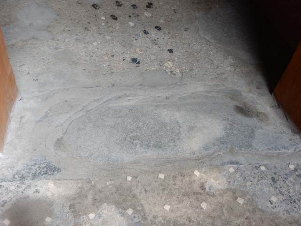 VI.15.1 Pompeii. May 2017. Cubiculum/bedroom (g). Lava sill and beaten travertine floor with coloured limestone flakes.
This probably dates from the previous layout of the house, probably early 1st century A.D.
See Carratelli, G. P., 1990-2003. Pompei: Pitture e Mosaici: Vol. V. Roma: Istituto della enciclopedia italiana, p. 493.
Photo courtesy of Buzz Ferebee.

