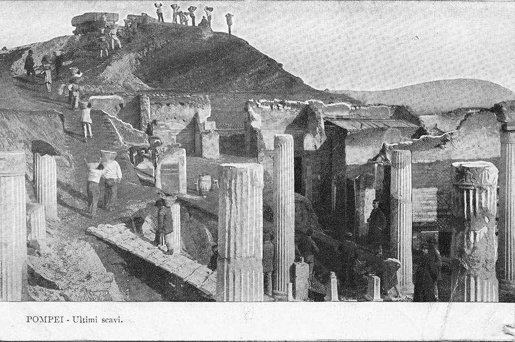 VI.15.1 Pompeii. Old undated postcard. Photo courtesy of Drew Baker.
Looking east across atrium from peristyle towards entrance doorway, in centre of picture. 
