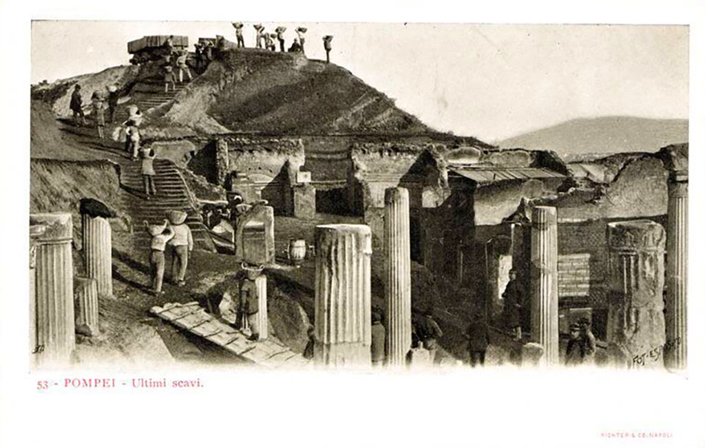 VI.15.1 Pompeii. Postcard c.1900. Foto Esposito, No 53, Richter and Co, Napoli. 
Looking east across atrium from peristyle towards entrance doorway, in centre of picture. 
