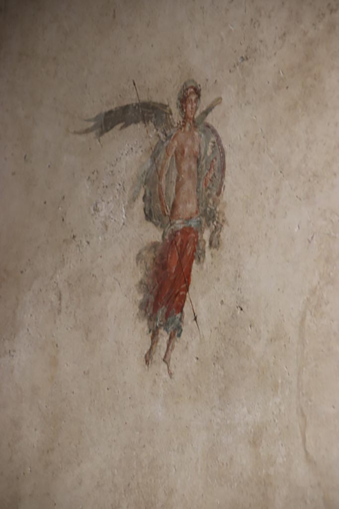 VI.15. I Pompeii. October 2023. 
Detail of painted figure from central panel on west wall. Photo courtesy of Klaus Heese.
