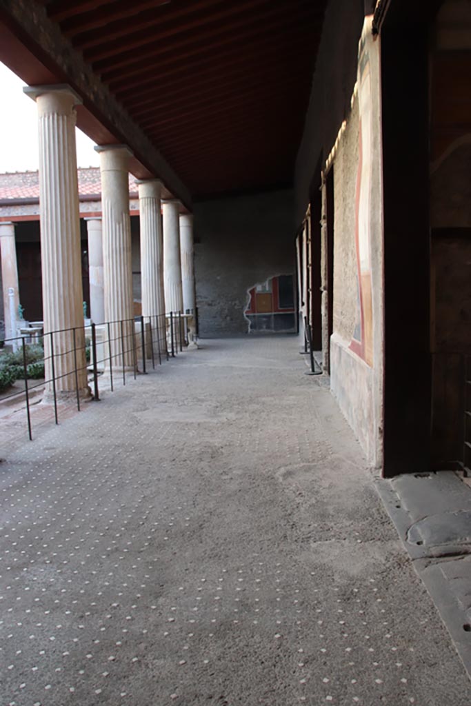 VI.15.1 Pompeii. October 2023. 
Looking north along east portico from outside south-east exedra. Photo courtesy of Klaus Heese. 
