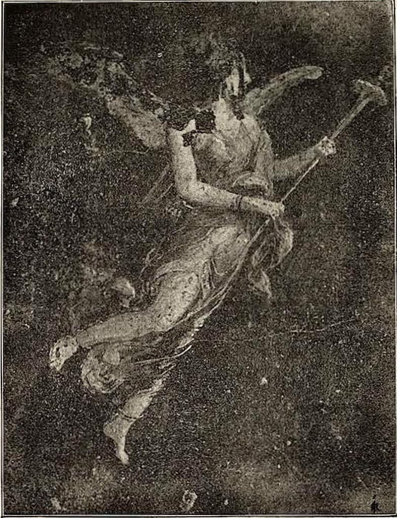 VI.15.1 Pompeii. Peristyle. Flying figure from south wall.
See Sogliano, A. La Casa dei Vettii in Pompei Mon. Ant. 1898, (p.271/272, fig. 14).
