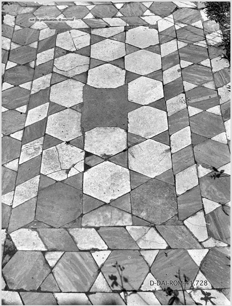 VI.15.14 Pompeii. Ala (?) or Cubiculum “m” (?).
Looking across flooring with a carpet of marble tiles, hexagons, diamonds and triangles, in the centre of which was fixed the famous emblema, now in Naples Museum.  
According to Naples Museum, it was found in the tablinum, which also had a central emblema.
According to Pernice, this was from an Ala.
See Pernice, E.  1938. Pavimente und Figürliche Mosaiken: Die Hellenistische Kunst in Pompeji, Band VI. Berlin: de Gruyter, Taf, 39,3.
DAIR 41.728. Photo © Deutsches Archäologisches Institut, Abteilung Rom, Arkiv. 
