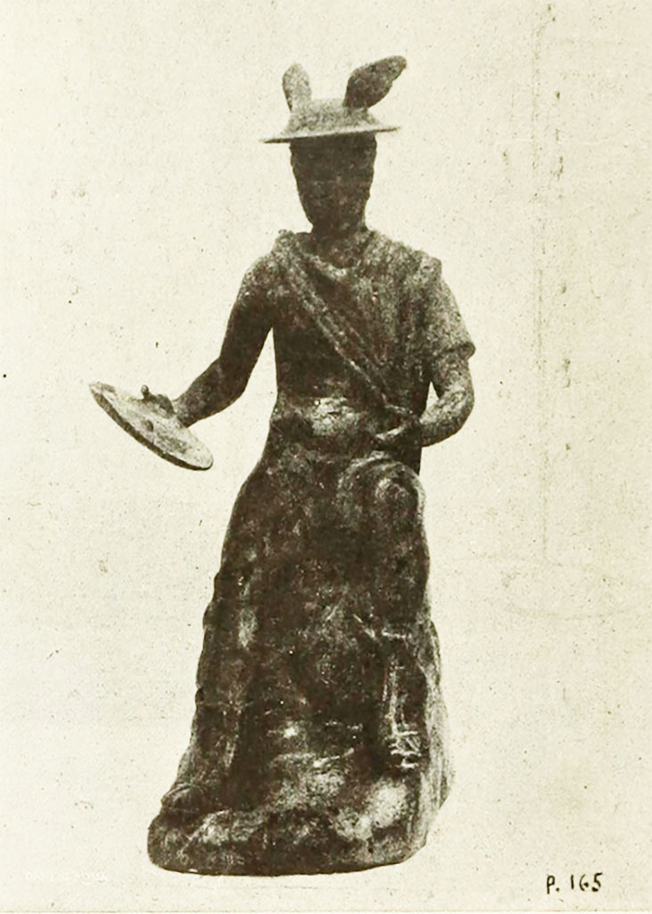 Bronze statuette of seated Mercury found in Lararium of VI.16.7. 
See Notizie degli Scavi di Antichità, 1907, p. 566, fig. 16.
