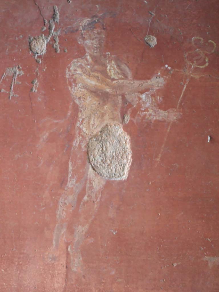 VI.16.7 Pompeii. May 2006. 
Room D, painting of Mercury with winged ankles and caduceus on north wall.
