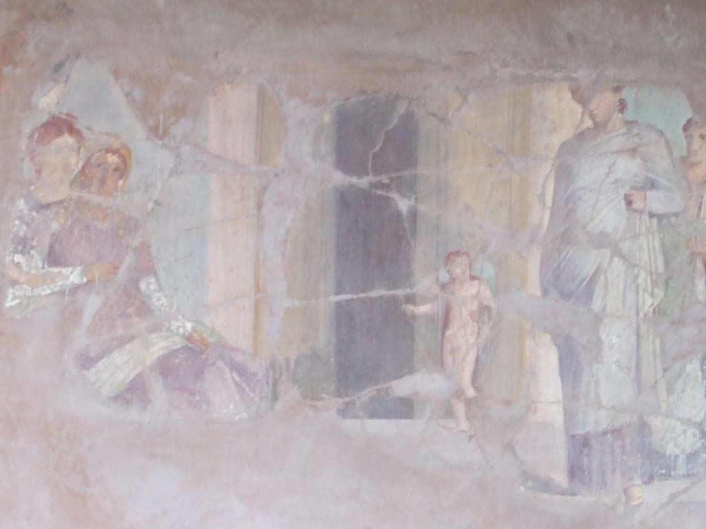 VI.16.7 Pompeii. May 2006. Room E, remains of wall painting of Paris and Helen at Sparta on west wall of tablinum.